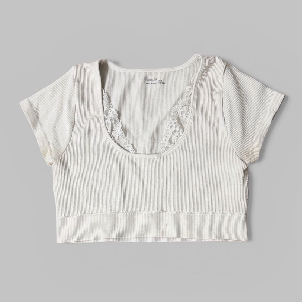 Aerie Superchill White Ribbed Short-Sleeve Crop Top